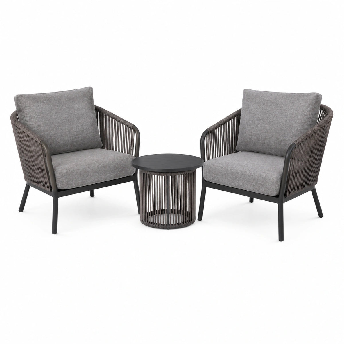 3-teiliges Gartenmöbel-Set mit 2 Sesseln und rundem Beistelltisch, Anthrazit/Grau, Sessel 68 × 75 × 78 cm, Tisch 50 × 50 cm