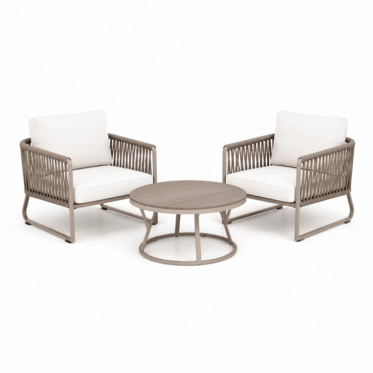 Garten-Loungeset mit 2 Sesseln 75 × 75 × 78 cm und rundem Tisch Ø 80 × 42 cm, Metall und Seilgeflecht, Taupe/Weiß