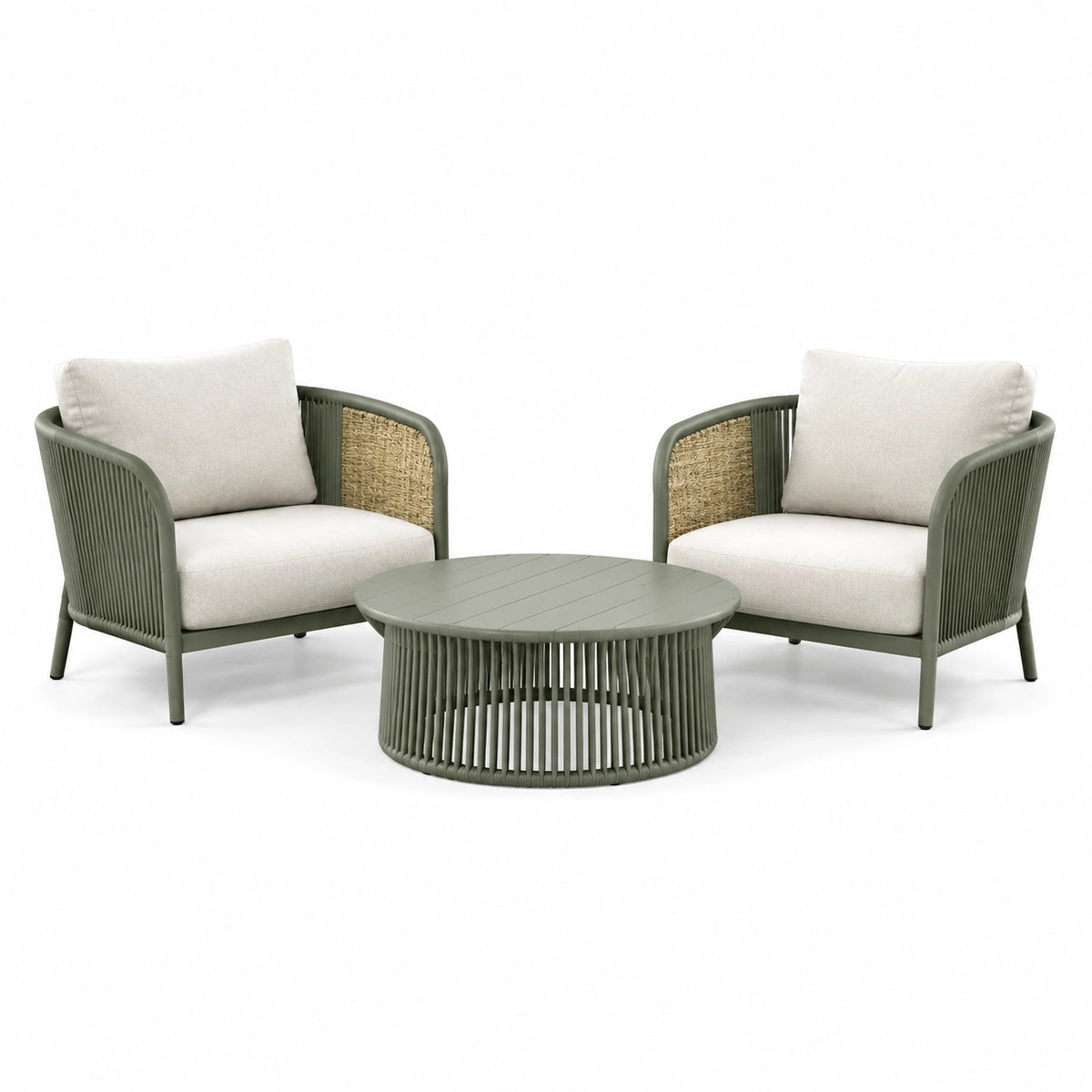 3-teiliges Gartenmöbel-Set mit 2 Sesseln und rundem Tisch, Grün/Beige/Natur, Sessel 75 × 70 × 76 cm, Tisch Ø 80 × 42 cm