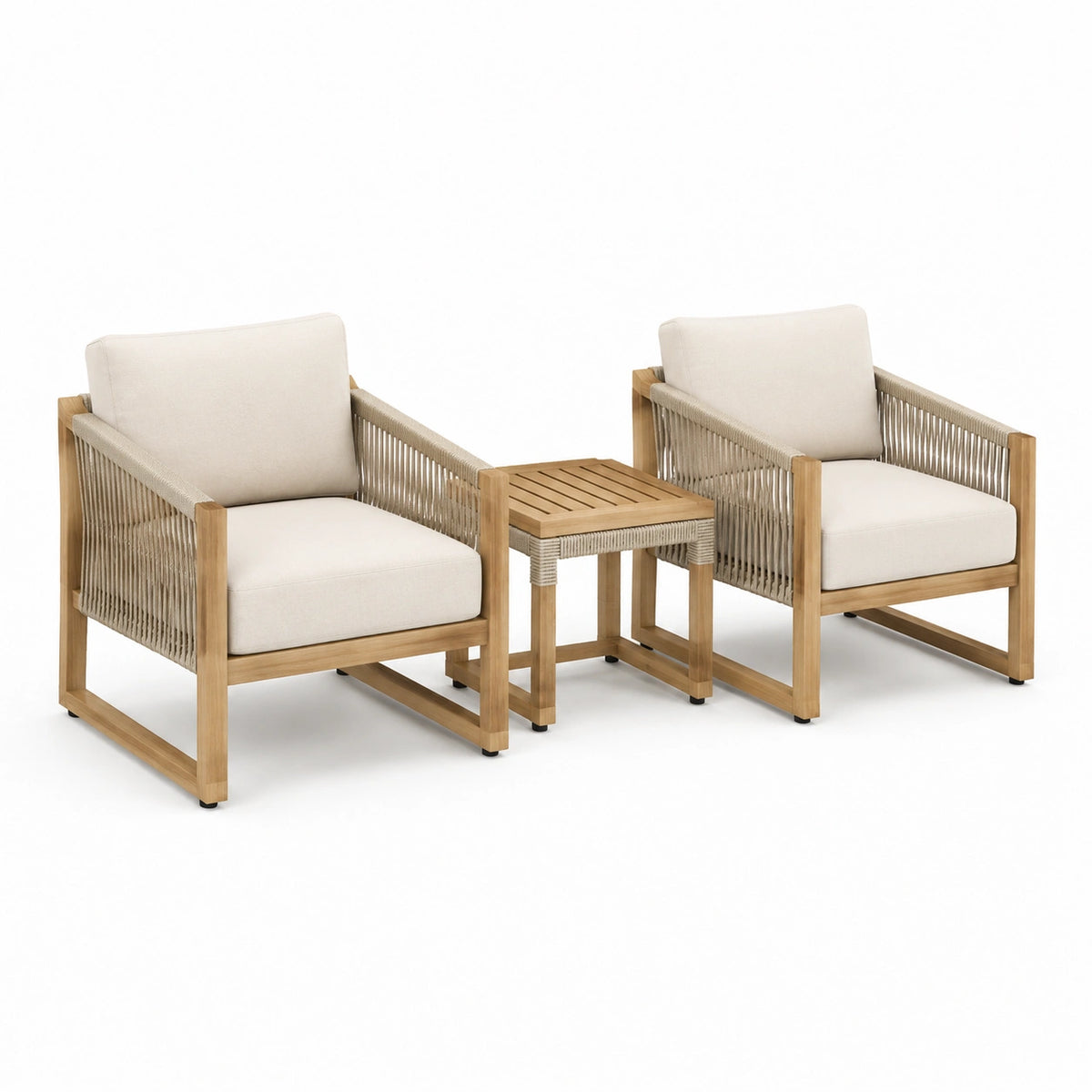 Gartenmöbel-Set Beige/Naturholz mit 2 Sesseln und Beistelltisch, Sessel 70 × 75 × 78 cm, Tisch 55 × 55 × 45 cm