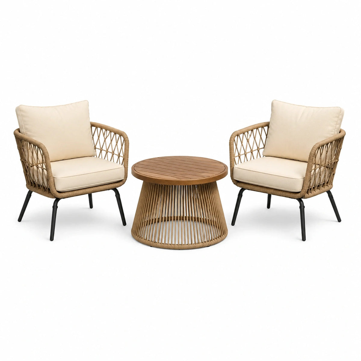 3-teiliges Boho-Gartenmöbelset in Natur/Beige/Schwarz/Braun, Sessel 68 × 72 × 78 cm, Rundtisch Ø 65 × 45 cm
