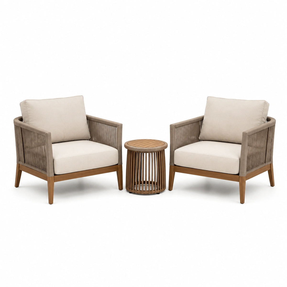 3-teiliges Gartenmöbel-Set mit 2 Sesseln und rundem Beistelltisch, Beige/Braun, Sessel 70 x 75 x 80 cm, Tisch 45 x 45 cm