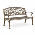 Metall-Gartenbank in Antikbronze mit floralem Blumen- und Rankenrelief, 127 × 61 × 92 cm