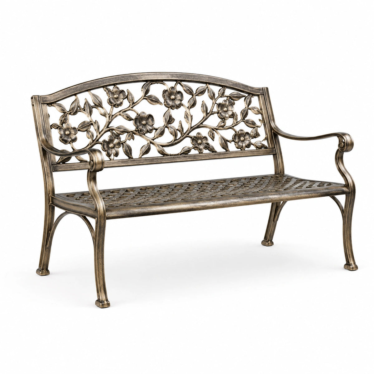 Metall-Gartenbank in Antikbronze mit floralem Blumen- und Rankenrelief, 127 × 61 × 92 cm