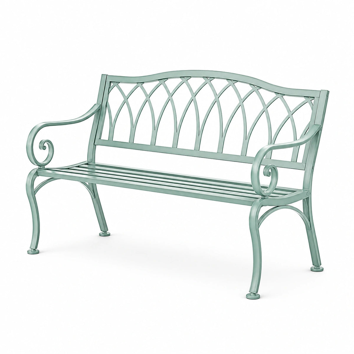 Gartenbank im Landhausstil aus mintgrün lackiertem Stahl, 122 × 62 × 92 cm