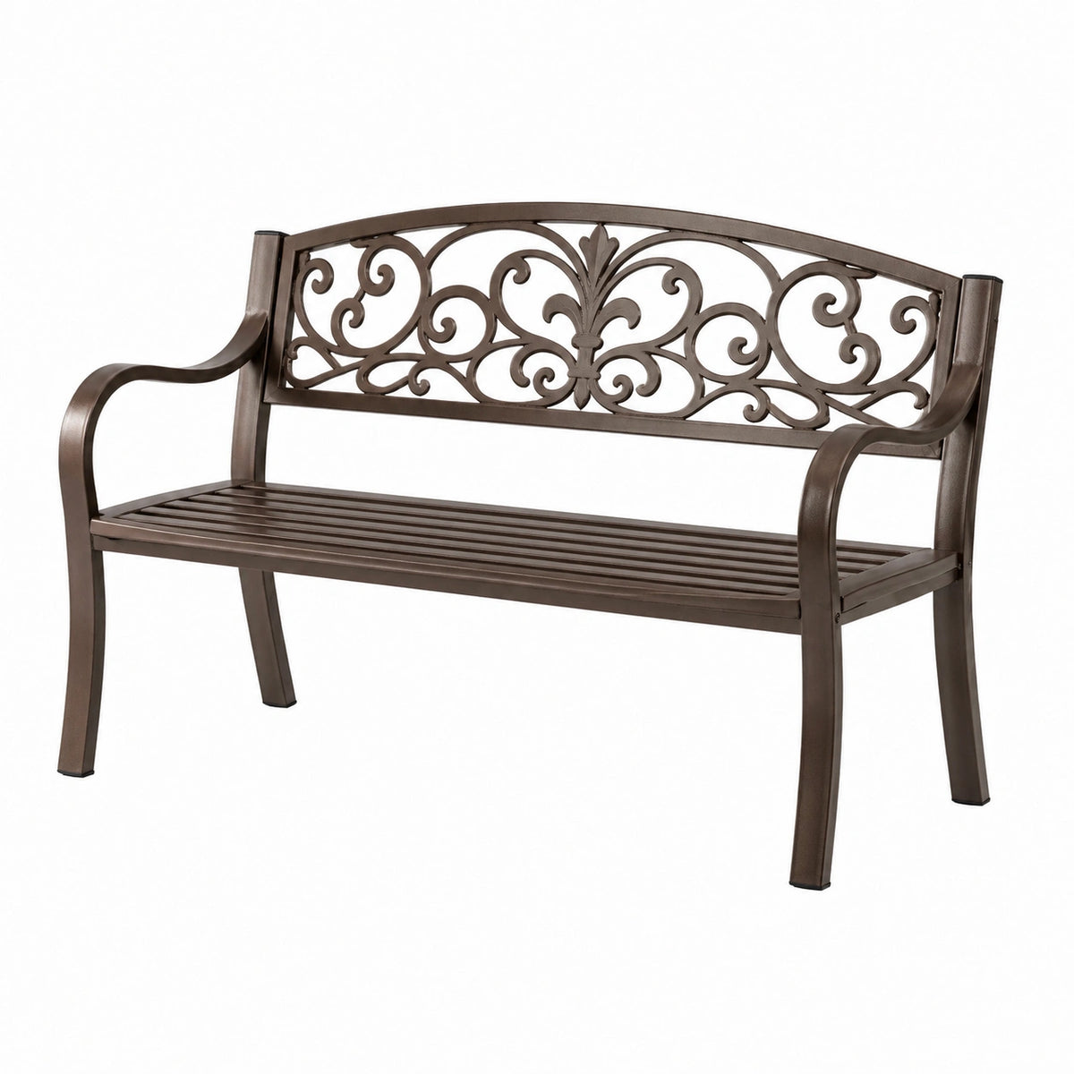 Braune Metall-Gartenbank für 2 Personen mit ornamentaler Rückenlehne, 122 x 61 x 93 cm