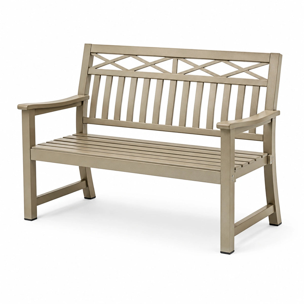 Metall-Gartenbank mit Armlehnen in Taupe, 122 × 65 × 91 cm