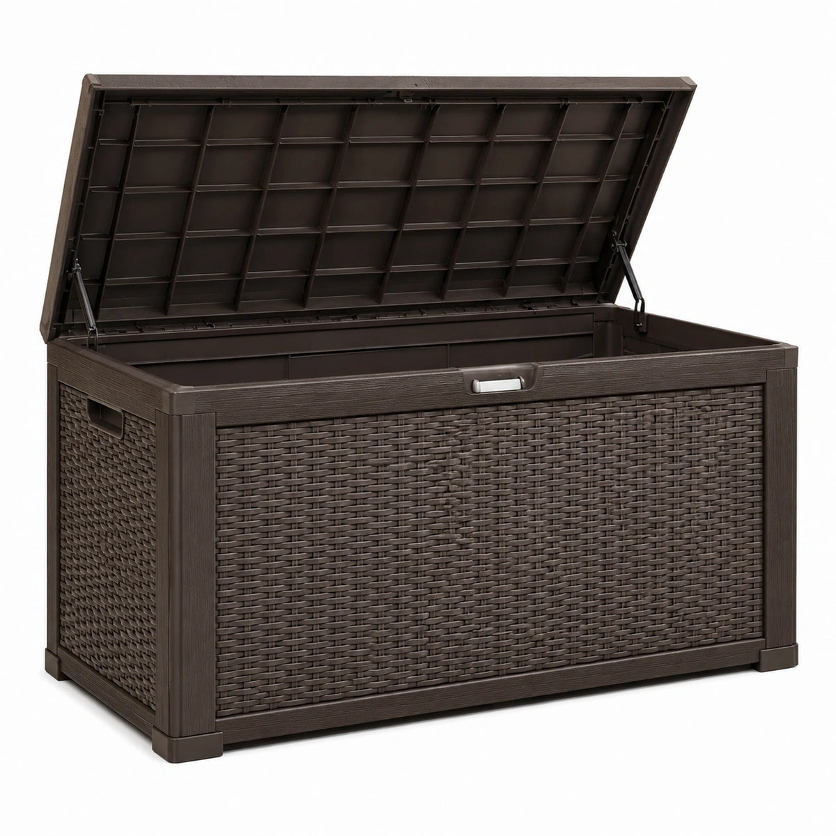 Braune Garten-Aufbewahrungsbox in Rattanoptik aus Kunststoff, 120 x 56 x 63 cm, mit Klappdeckel