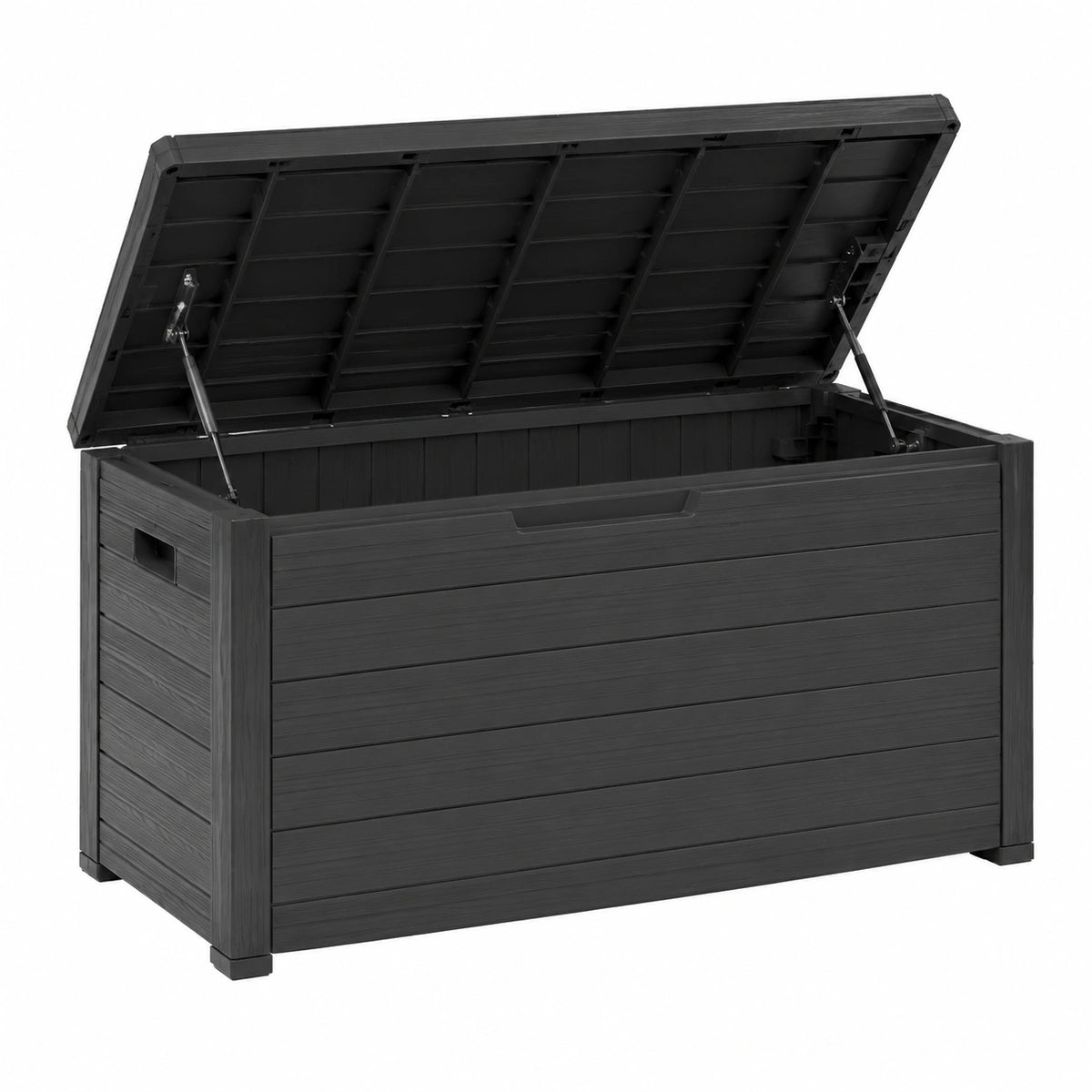 Kunststoff-Aufbewahrungsbox Anthrazit in Holzoptik, 120 x 55 x 60 cm, mit Klappdeckel und Gasdruckfedern