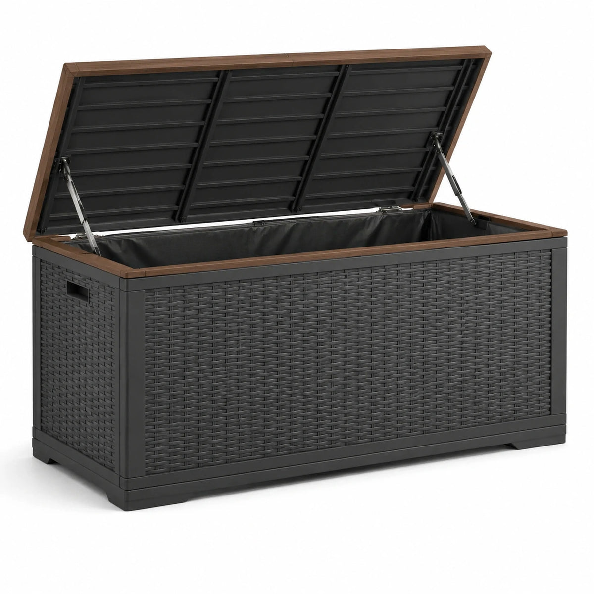 Garten-Aufbewahrungsbox 120 × 60 × 63 cm, Kunststoff und Metall, Schwarz/Braun, mit Klappdeckel
