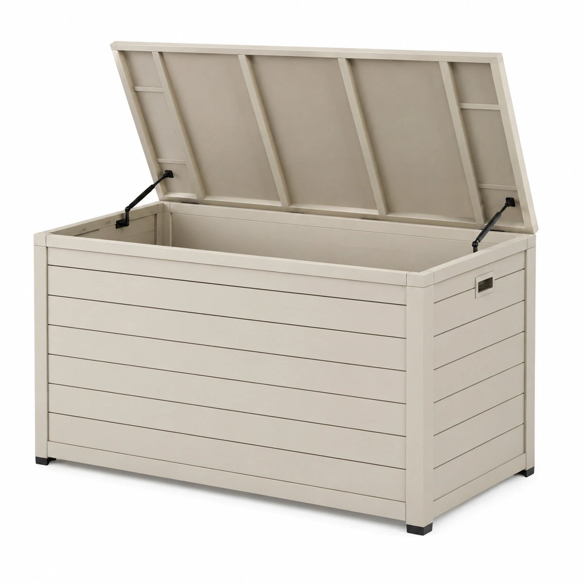 Garten-Aufbewahrungsbox aus Holz, Beige/Schwarz, 130 × 65 × 75 cm, mit Gasdruckfedern