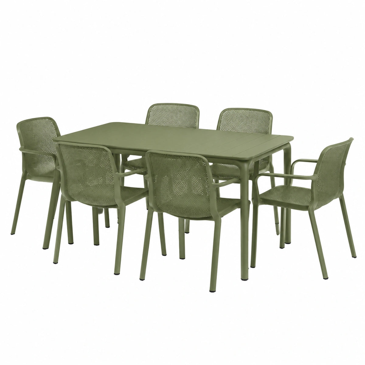 Olivgrünes 7-teiliges Gartenmöbel-Set mit Tisch 150 × 90 × 75 cm und 6 Armlehnstühlen