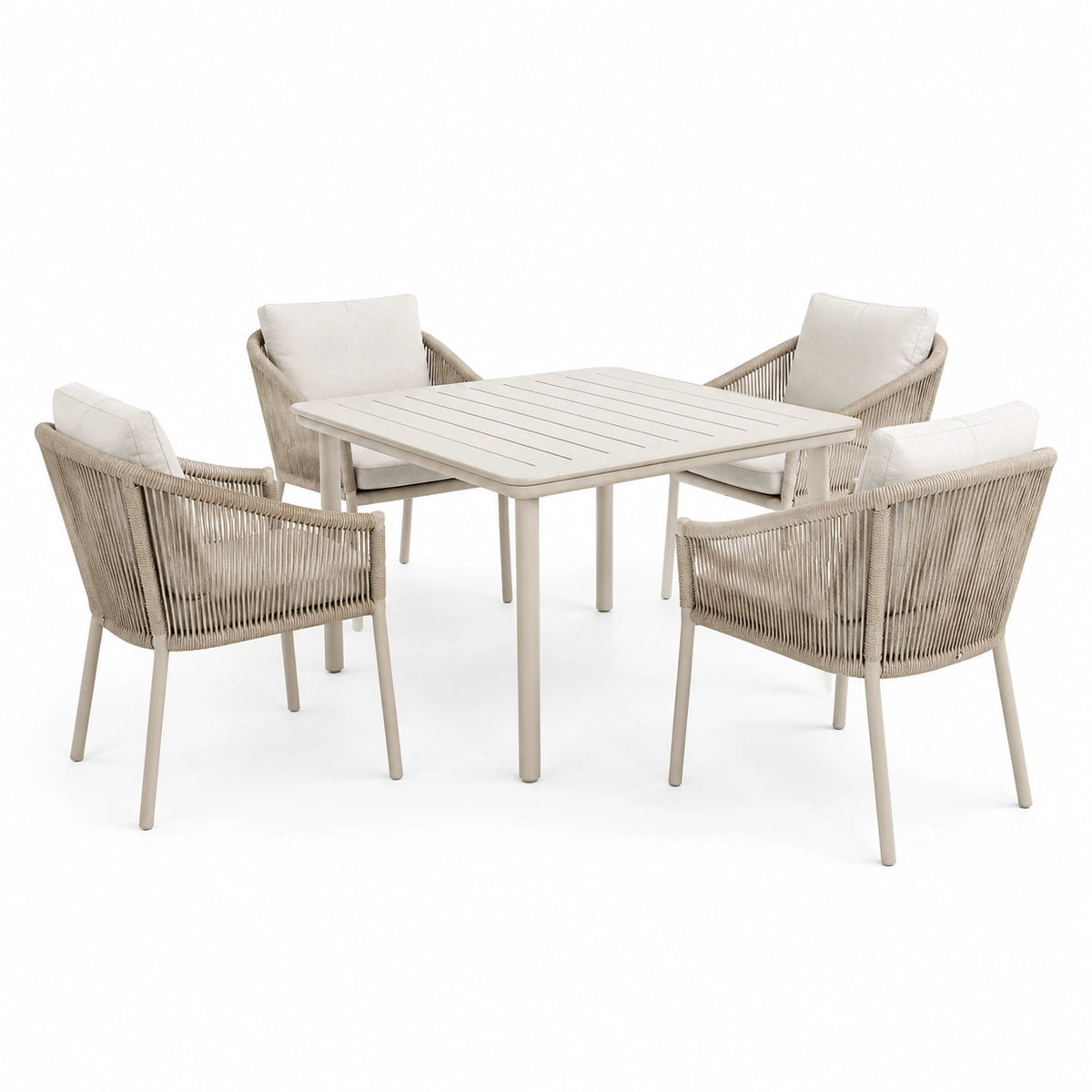 5-teiliges Gartenmöbel-Set in Beige/Creme mit Aluminium, Seilgeflecht und Tisch, 120 x 70 x 75 cm