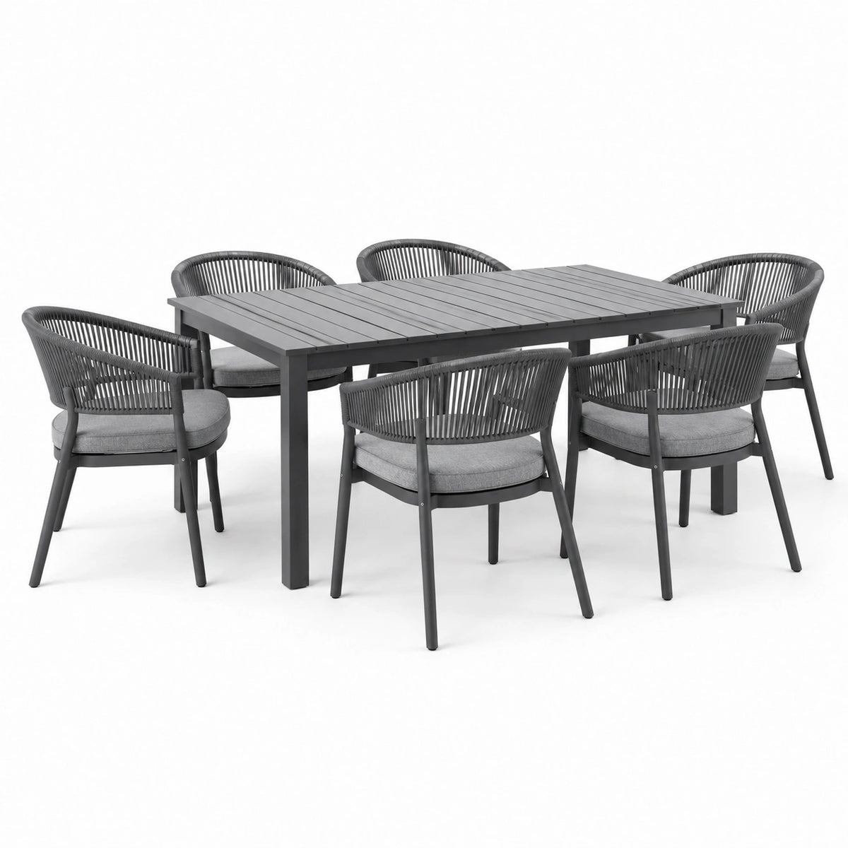 Garten-Essgruppe Anthrazit/Grau mit Aluminiumtisch 180 × 90 × 75 cm und 6 Armlehnstühlen