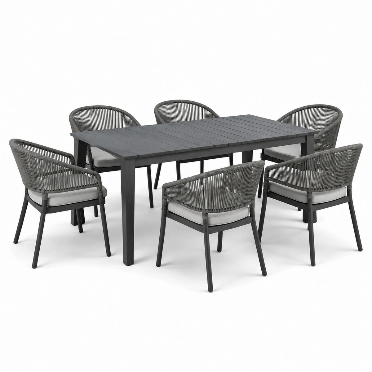 6-Sitzer-Set in Anthrazit und Grau mit Aluminiumgestell, Seilgeflecht und Tisch 180 x 90 x 75 cm