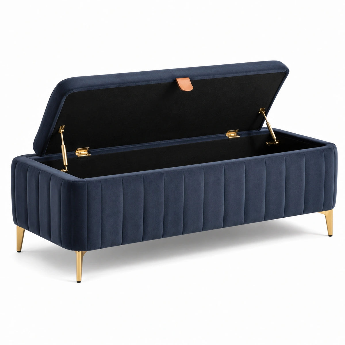 Gepolsterte Sitzbank mit aufklappbarem Stauraum, Samt Dunkelblau/Gold, 120 × 45 × 50 cm