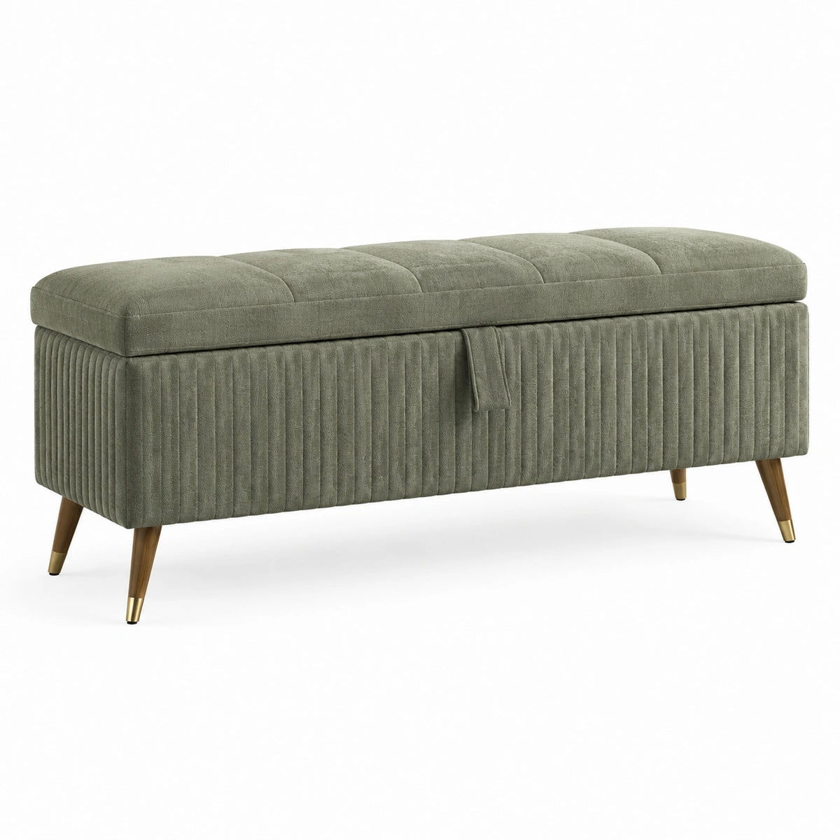 Samt-Sitzbank mit Stauraum, 120 × 45 × 48 cm, Olivgrün/Braun/Goldfarben, Retro-Stil