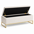 Gepolsterte Stauraumbank aus Bouclé in Creme mit goldenem Metallgestell, 120 × 45 × 48 cm