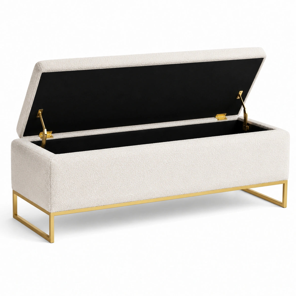 Gepolsterte Stauraumbank aus Bouclé in Creme mit goldenem Metallgestell, 120 × 45 × 48 cm