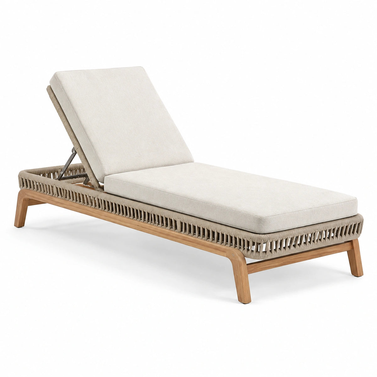 Verstellbare Gartenliege aus Holz und Seilgeflecht, 200 x 70 x 95 cm, Beige/Natur