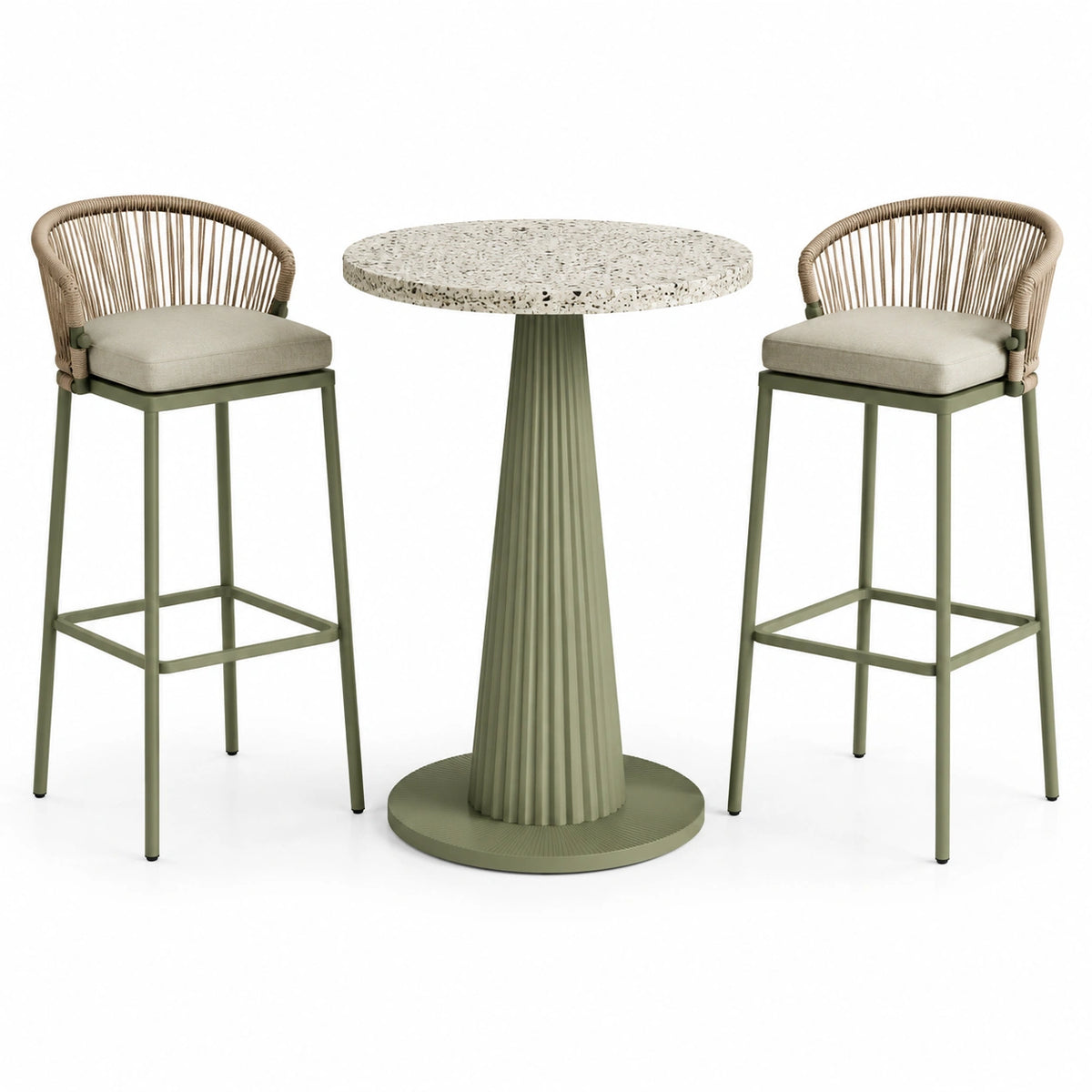 3-teiliges Bartisch-Set Olivgrün, Beige und Cremeweiß – Tisch Ø 70 × 105 cm, 2 Barhocker 50 × 55 × 105 cm