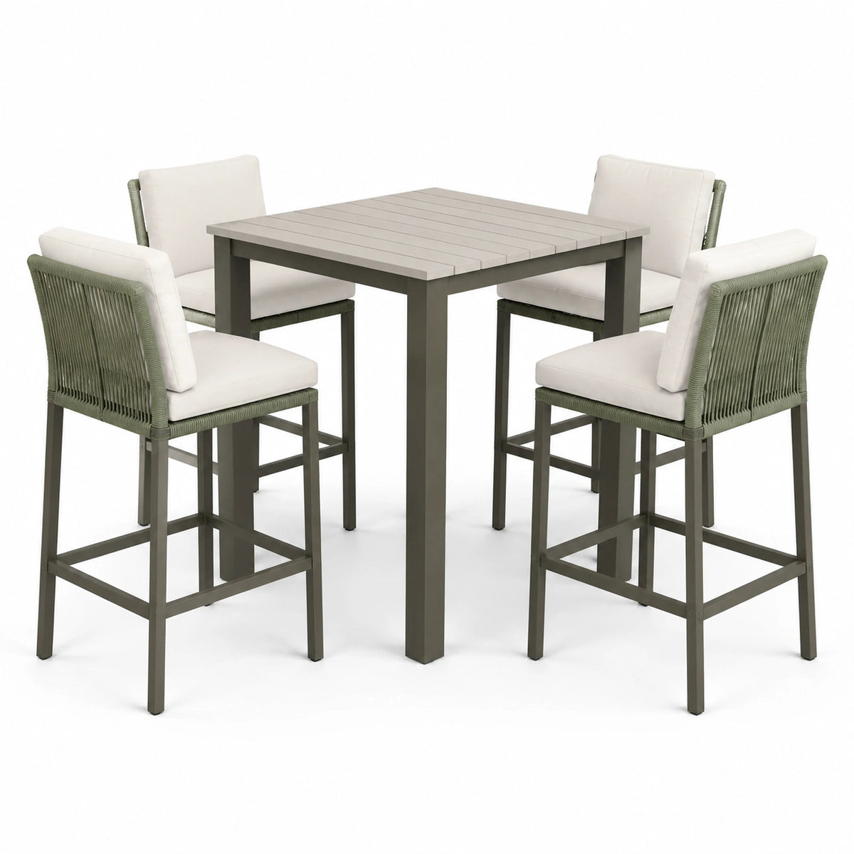5-teiliges Garten-Barset in Grün, Beige, Anthrazit und Grau mit Tisch 120 x 70 x 105 cm und 4 Stühlen 58 x 60 x 110 cm