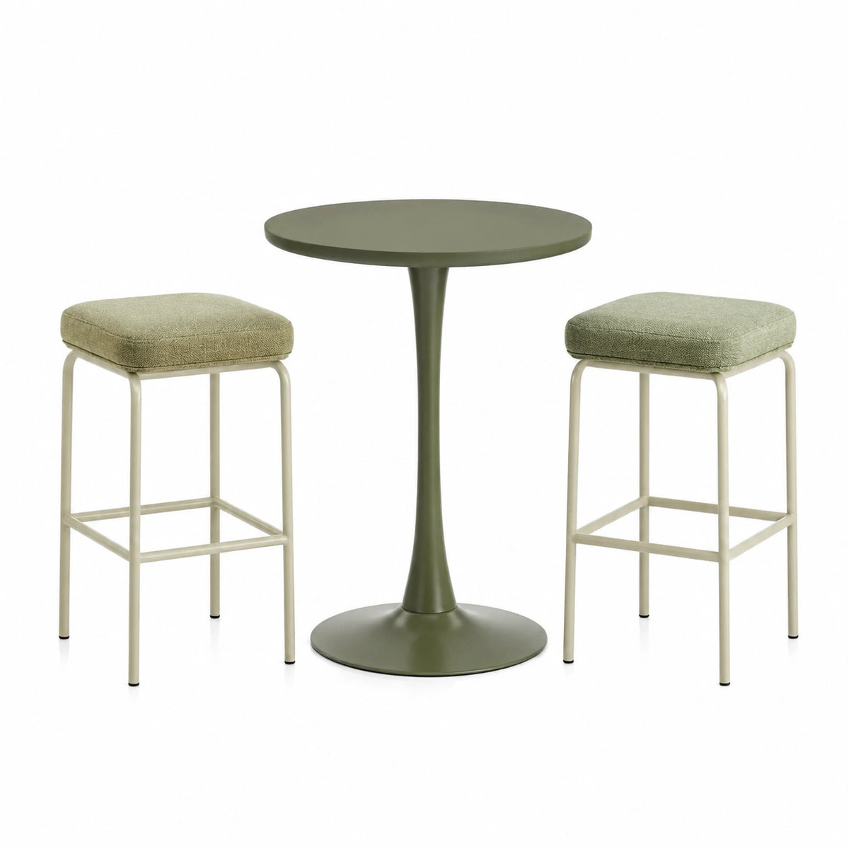 3-teiliges Stehtisch-Set mit rundem Tisch Ø 60 x 100 cm und 2 gepolsterten Hockern 40 x 40 x 75 cm, Olivgrün/Creme