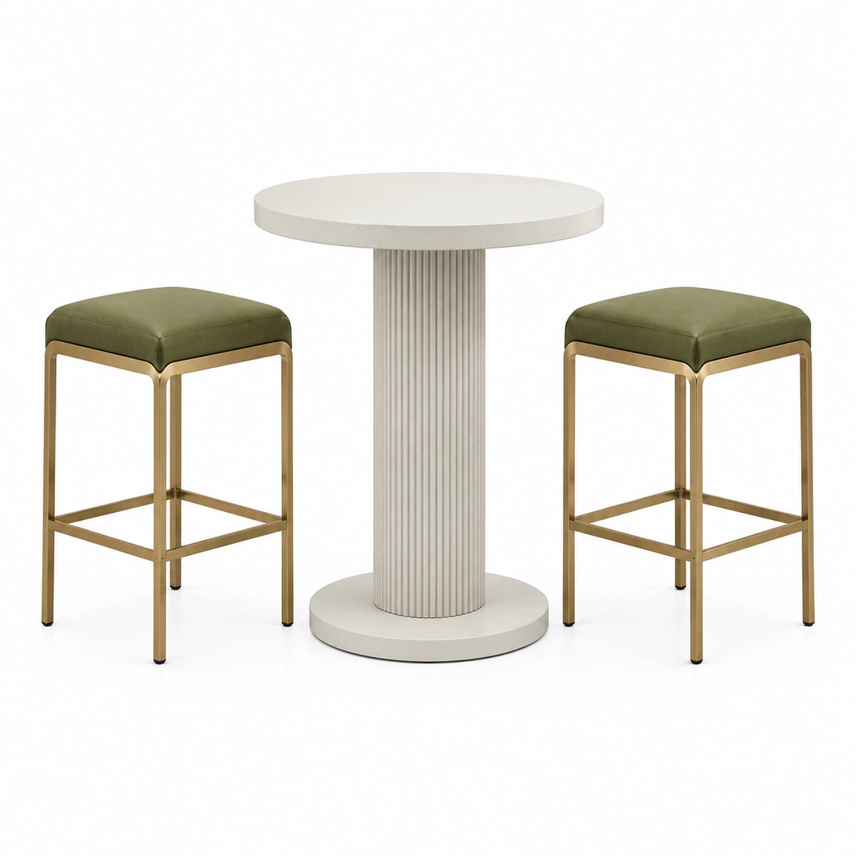 Modernes Bartisch-Set Elfenbein mit 2 olivgrünen Hockern, Tisch Ø 90 × 105 cm, Hocker 40 × 40 × 75 cm
