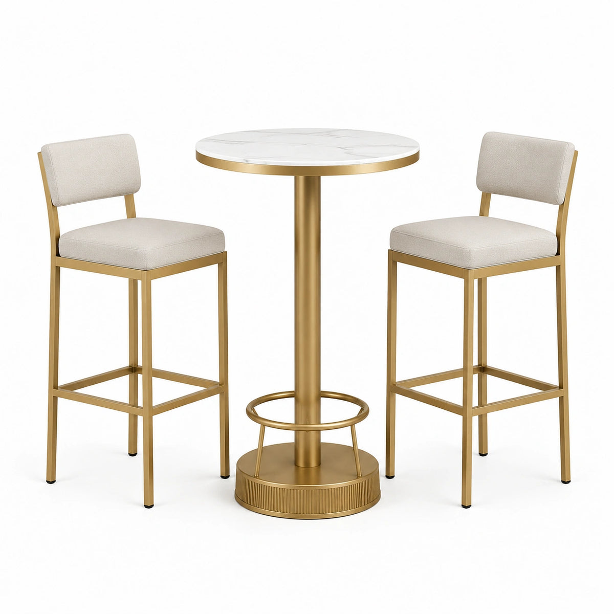 3-teiliges Bartisch-Set mit 2 Barhockern, Tisch Ø 80 x 105 cm, Hocker 46 x 48 x 96 cm, Gold/Creme/Weiß