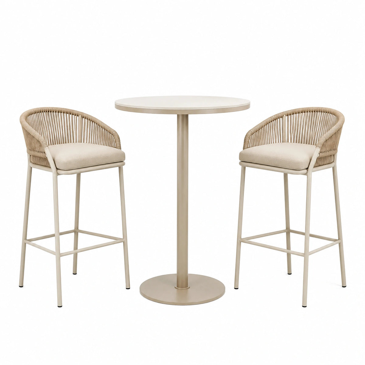 3-teiliges Bar-Set in Beige mit rundem Tisch Ø 80 × 105 cm und 2 Hockern 55 × 55 × 105 cm